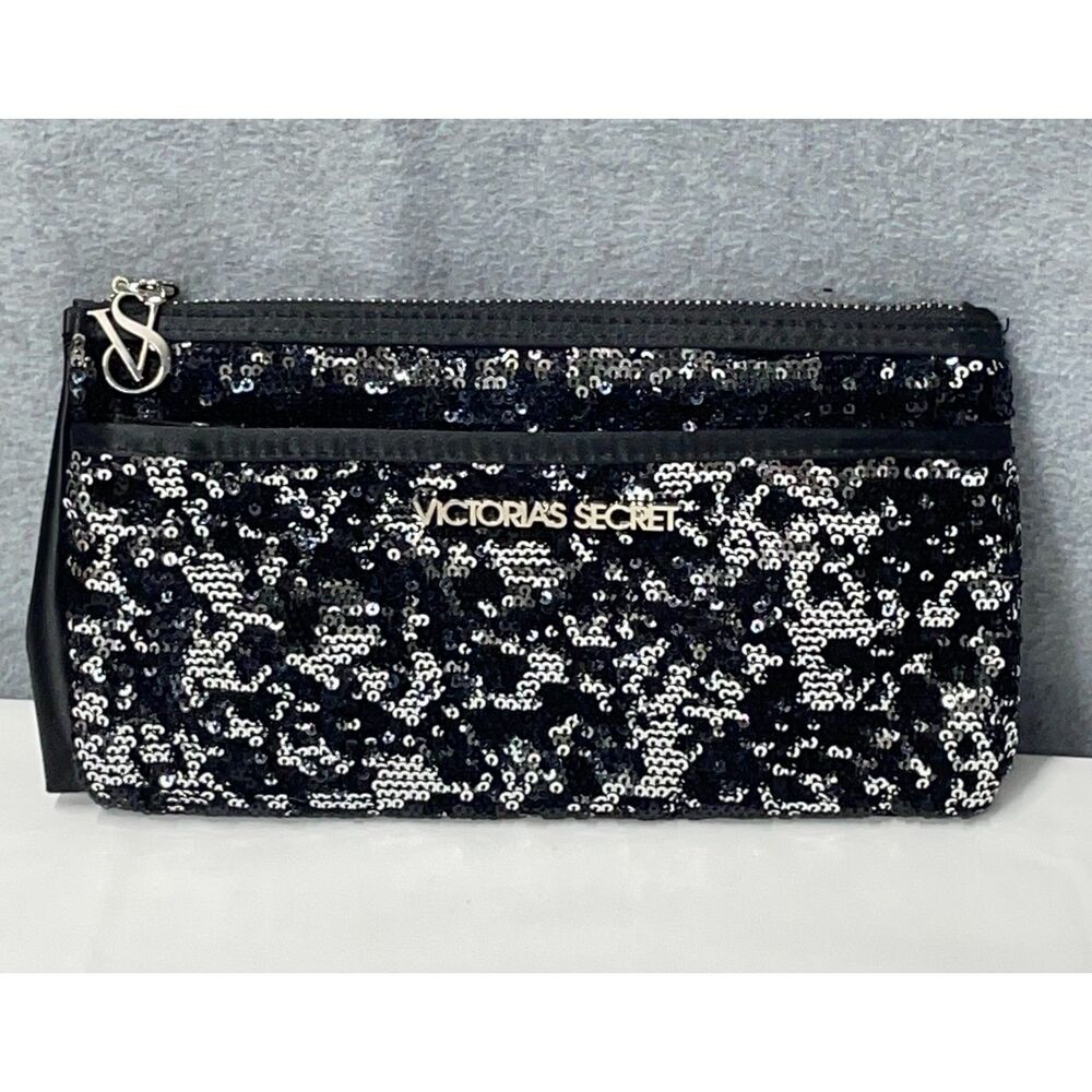 Victoria’s Secret Black Sequin Makeup Bag Y2K Glam Zip Cosmetic Pouch
